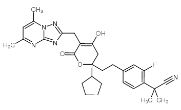 2-[4-(2-{2-cyclopentyl-5-[(5,7-dimethyl[1,2,4]triazolo[1,5-a]pyrimidin-2-yl)methyl]-4-hydroxy-6-oxo-3,6-dihydro-2H-pyran-2-yl}ethyl)-2-fluorophenyl]-2-methylpropanenitrile Structure