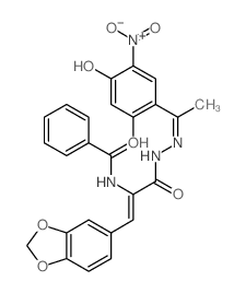 2-Propenoic acid,3-(1,3-benzodioxol-5-yl)-2-(benzoylamino)-,2-[1-(2,4-dihydroxy-5-nitrophenyl)ethylidene]hydrazide结构式