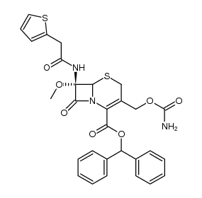 (6R)-3-carbamoyloxymethyl-7c-methoxy-8-oxo-7t-(2-thiophen-2-yl-acetylamino)-(6rH)-5-thia-1-aza-bicyclo[4.2.0]oct-2-ene-2-carboxylic acid benzhydryl ester结构式