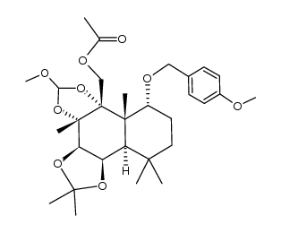 ((3aR,3bS,6aS,6bS,7R,10aR,10bR)-5-methoxy-7-((4-methoxybenzyl)oxy)-2,2,3b,6b,10,10-hexamethyldecahydronaphtho[1,2-d:3,4-d']bis([1,3]dioxole)-6a-yl)methyl acetate Structure