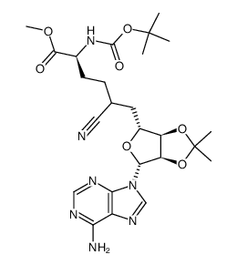 9-(methyl 9(S)-(((tert-butyloxy)carbonyl)amino)-6-cyano-5,6,7,8,9-pentadeoxy-2,3-O-isopropylidene-β-D-ribo-decafuranosyluronate)adenine结构式