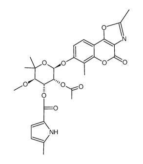 1-((2,6-dimethyl-4-oxo-4H-(1)benzopyrano(3,4-d)oxazol-7-yl)oxy)-2-acetoxy-4-methoxy-5,5-dimethyl-3-tetrahydropyranyl 5-methyl-1H-pyrrole-2-carboxylate结构式