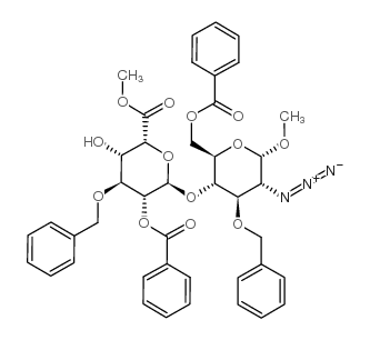 a-d-glucopyranoside, methyl 2-azido-4-o-[2-o-benzoyl-6-methyl-3-o-(phenylmethyl)-a-l-idopyranuronosyl]-2-deoxy-3-o-(phenylmethyl)-, 6-benzoate structure