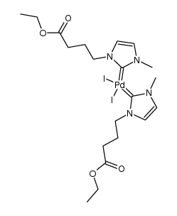 diiodo-di-(1-methyl-3-(ethoxycarbonylpropyl)-imidazolin-2-ylidene)-palladium Structure