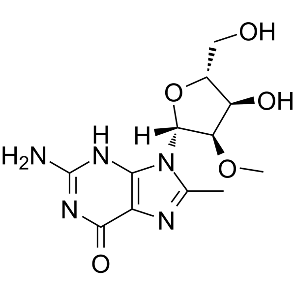 2-Amino-9-((2R,3R,4R,5R)-4-hydroxy-5-(hydroxymethyl)-3-methoxytetrahydrofuran-2-yl)-8-methyl-3,9-dihydro-6H-purin-6-one Structure