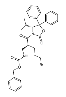 (4R)-3-[(2S)-2-({[(benzyloxy)carbonyl]amino}methyl)-5-bromo-1-oxopentyl]-4-(1-methylethyl)-5,5-diphenyloxazolidin-2-one结构式