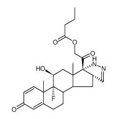 9-fluoro-2',16β-dihydro-11β,21-dihydroxypregna-1,4-dieno[17,16-c]pyrazole-3,20-dione 21-butyrate structure