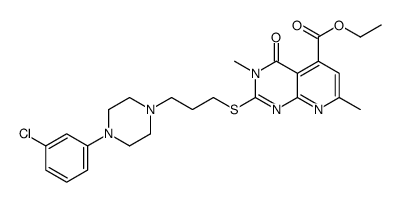 ethyl 9-[3-[4-(3-chlorophenyl)piperazin-1-yl]propylsulfanyl]-3,8-dimet hyl-7-oxo-2,8,10-triazabicyclo[4.4.0]deca-1,3,5,9-tetraene-5-carboxyla te structure