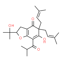 3,5-Dihydro-6-hydroxy-2-(1-hydroxy-1-methylethyl)-5,5-bis(3-methyl-2-butenyl)-7-(2-methyl-1-oxopropyl)-4(2H)-benzofuranone结构式