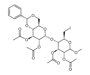 methyl 2,2',3,3'-tetra-O-acetyl-4',6'-O-benzylidene-6-deoxy-6-iodo-α,β-D-maltoside Structure