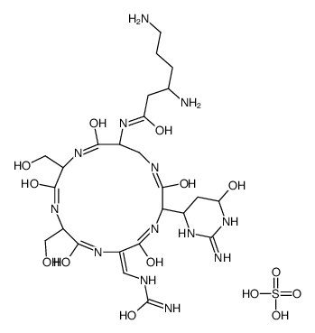 3,6-diamino-N-[(6Z)-3-(2-amino-4-hydroxy-1,4,5,6-tetrahydropyrimidin-6-yl)-6-[(carbamoylamino)methylidene]-9,12-bis(hydroxymethyl)-2,5,8,11,14-pentaoxo-1,4,7,10,13-pentazacyclohexadec-15-yl]hexanamide,sulfuric acid结构式