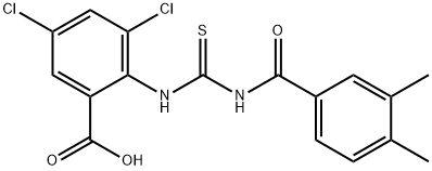 3,5-dichloro-2-[[[(3,4-dimethylbenzoyl)amino]thioxomethyl]amino]-benzoic acid structure