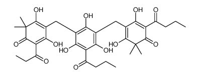 4-[[3-butanoyl-5-[(5-butanoyl-2,6-dihydroxy-3,3-dimethyl-4-oxocyclohexa-1,5-dien-1-yl)methyl]-2,4,6-trihydroxyphenyl]methyl]-3,5-dihydroxy-6,6-dimethyl-2-propanoylcyclohexa-2,4-dien-1-one结构式