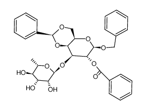 benzyl 2-O-benzoyl-4,6-O-benzylidene-3-O-(α-L-rhamnopyranosyl)-β-D-galactopyranoside Structure