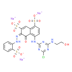 trisodium 4-[[4-chloro-6-[(2-hydroxyethyl)amino]-1,3,5-triazin-2-yl]amino]-5-hydroxy-6-[(2-sulphonatophenyl)azo]naphthalene-1,7-disulphonate结构式