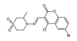 N-(3-methyl-1,1-dioxo-1,4-thiazinan-4-yl)-1-[3-chloro-5-bromo-coumarin-2-yl]methanimine结构式