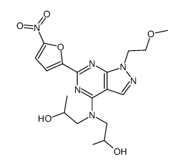 1,1'-[1-(2-methoxy-ethyl)-6-(5-nitro-furan-2-yl)-1H-pyrazolo[3,4-d]pyrimidin-4-ylazanediyl]-bis-propan-2-ol结构式