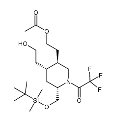 2-((3R,4R,6S)-6-((tert-butyldimethylsilyloxy)methyl)-4-(2-hydroxyethyl)-1-(2,2,2-trifluoroacetyl)piperidin-3-yl)ethyl acetate结构式