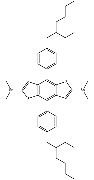 (4,8-bis(4-(2-ethylhexyl)phenyl)benzo[1,2-b:4,5-b']dithiophene-2,6-diyl)bis(trimethylstannane) structure