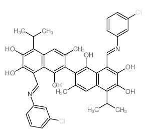 1-[[(3-chlorophenyl)amino]methylidene]-7-[8-[[(3-chlorophenyl)amino]methylidene]-1,6-dihydroxy-3-methyl-7-oxo-5-propan-2-yl-naphthalen-2-yl]-3,8-dihydroxy-6-methyl-4-propan-2-yl-naphthalen-2-one结构式