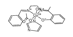 Cu((benzaldehyde)(2-hydroxyacetophenone)ethylenediamine-2H)(H2O)(acetate)(imidazole)结构式