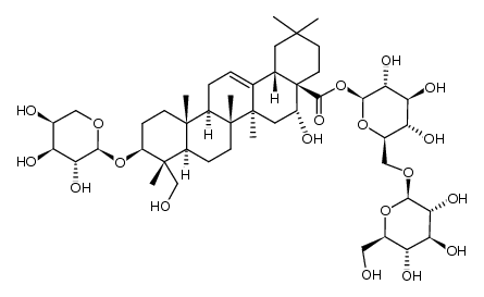 3-O-α-L-arabinopyranosyl-caulophyllogenin-28-O-β-D-glucopyranosyl-(1->6)-β-D-glucopyranosyl ester结构式