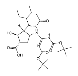 (-)-(1S,2S,3R,4R)-3-[(1S)-1-(Acetylamino)-2-ethylbutyl]-4-({[(tert-butoxycarbonyl)amino][(tert-butoxycarbonyl)-imino]methyl}amino)-2-hydroxycyclopentanecarboxylic Acid Structure