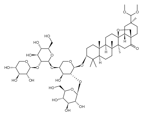 (3β)-30,30-dimethoxy-16-oxo-13,28-epoxyoleanan-3-yl β-D-glucopyranosyl-(1->2)-[β-D-xylopyranosyl-(1->2)-β-D-glucopyranosyl-(1->4)]-α-L-arabinopyranoside结构式