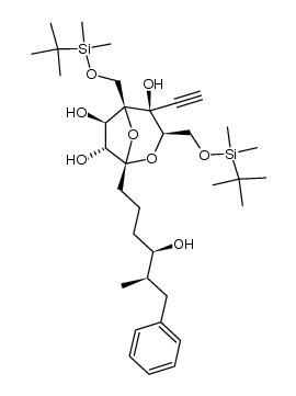 (1S,3R,4S,5R,6R,7R)-3,5-bis(((tert-butyldimethylsilyl)oxy)methyl)-4-ethynyl-1-((4R,5R)-4-hydroxy-5-methyl-6-phenylhexyl)-2,8-dioxabicyclo[3.2.1]octane-4,6,7-triol Structure