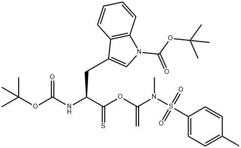 (S)-tert-Butyl2-(2-((tert-butoxycarbonyl)amino)-3-((1-(N,4-dimethylphenylsulfonamido)vinyl)oxy)-3-thioxopropyl)-1H-indole-1-carboxylate Structure