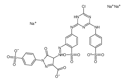 trisodium hydrogen 4-[[5-[[4-chloro-6-[(4-sulphonatophenyl)amino]-1,3,5-triazin-2-yl]amino]-2-sulphonatophenyl]azo]-4,5-dihydro-5-oxo-1-(4-sulphonatophenyl)-1H-pyrazole-3-carboxylate Structure