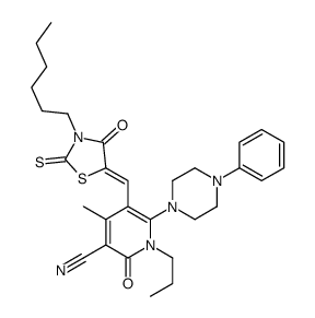 5-[(3-hexyl-4-oxo-2-sulfanylidene-1,3-thiazolidin-5-ylidene)methyl]-4-methyl-2-oxo-6-(4-phenylpiperazin-1-yl)-1-propylpyridine-3-carbonitrile Structure