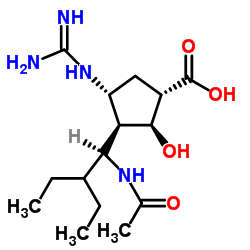 (1S,2R,3R,4R)-3-[(1S)-1-acetamido-2-ethyl-butyl]-4-(diaminomethylideneamino)-2-hydroxy-cyclopentane-1-carboxylic acid structure