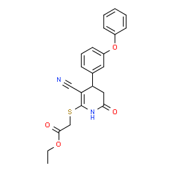 ethyl 2-((3-cyano-6-oxo-4-(3-phenoxyphenyl)-1,4,5,6-tetrahydropyridin-2-yl)thio)acetate structure