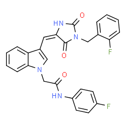 2-(3-{[1-(2-fluorobenzyl)-2,5-dioxo-4-imidazolidinylidene]methyl}-1H-indol-1-yl)-N-(4-fluorophenyl)acetamide结构式