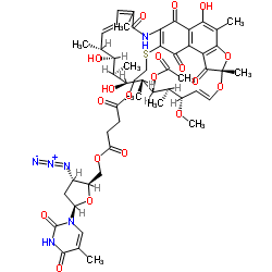 5'-O-[4-(2-{[(7S,9E,11S,12R,13S,14R,15R,16R,17S,18S)-13-Acetoxy-2,15,17-trihydroxy-11-methoxy-3,7,12,14,16,18,22-heptamethyl-6,23,27,29-tetraoxo-8,30-dioxa-24-azatetracyclo[23.3.1.14,7.05,28]triaconta-1(28),2,4,9,19,21,25-heptaen-26-yl]sulfanyl}ethoxy)-4-oxobutanoyl]-3'-azido-3'-deoxythymidine结构式