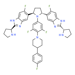 5, 5'-[(2R, 5R)-1-[3,5-二氟-4-(4-(4-氟苯基)哌啶-1-基)苯胺]-2,5-双四氢吡咯啉基]双[6-氟-2-(2S)-2-四氢吡咯-1H-苯并咪唑]结构式