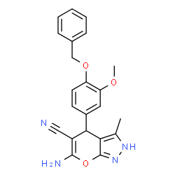 6-amino-4-[4-(benzyloxy)-3-methoxyphenyl]-3-methyl-1,4-dihydropyrano[2,3-c]pyrazole-5-carbonitrile结构式