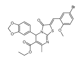 ethyl (2E)-5-(1,3-benzodioxol-5-yl)-2-[(5-bromo-2-methoxyphenyl)methylidene]-7-methyl-3-oxo-5H-[1,3]thiazolo[3,2-a]pyrimidine-6-carboxylate结构式