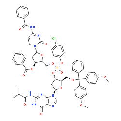 N-benzoyl-3'-O-benzoyl-P-(4-chlorophenyl)-2'-deoxycytidylyl-(5'→3')-5'-O-[bis(4-methoxyphenyl)phenylmethyl]-2'-deoxy-N-(2-methyl-1-oxopropyl)guanosine structure