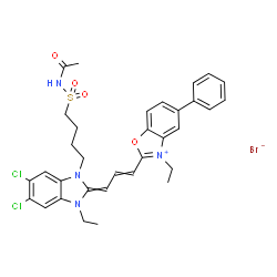 2-[3-[1-[4-[(acetamido)sulphonyl]butyl]-5,6-dichloro-3-ethyl-1,3-dihydro-2H-benzimidazol-2-ylidene]prop-1-enyl]-3-ethyl-5-phenylbenzoxazolium bromide picture