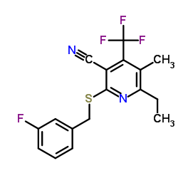 6-Ethyl-2-[(3-fluorobenzyl)sulfanyl]-5-methyl-4-(trifluoromethyl)nicotinonitrile结构式