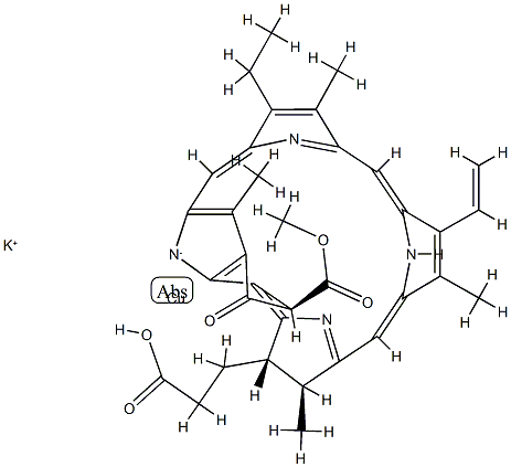 potassium [3S-(3α,4β,21β)]-[14-ethyl-21-(methoxycarbonyl)-4,8,13,18-tetramethyl-20-oxo-9-vinylphorbine-3-propionato(3-)-N23,N24,N25,N26]cuprate(1-)结构式