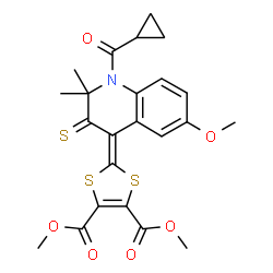 dimethyl 2-(1-(cyclopropylcarbonyl)-6-methoxy-2,2-dimethyl-3-thioxo-2,3-dihydro-4(1H)-quinolinylidene)-1,3-dithiole-4,5-dicarboxylate structure