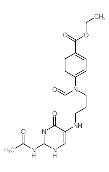 Benzoic acid,4-[[3-[[2-(acetylamino)-1,6-dihydro-6-oxo-5-pyrimidinyl]amino]propyl]formylamino]-,ethyl ester结构式