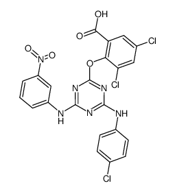3,5-dichloro-2-[4-(4-chloro-anilino)-6-(3-nitro-anilino)-[1,3,5]triazin-2-yloxy]-benzoic acid结构式