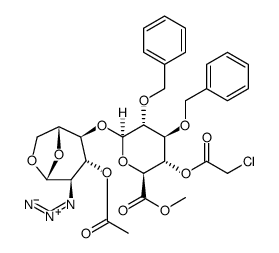 β-D-Glucopyranose, 1,6-anhydro-2-azido-4-O-[4-O-(2-chloroacetyl)-6-methyl-2,3-bis-O-(phenylmethyl)-β-D-glucopyranuronosyl]-2-deoxy-, 3-acetate结构式