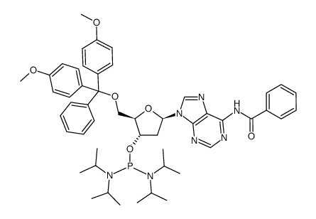 N-(9-((2R,4S,5R)-5-((bis(4-methoxyphenyl)(phenyl)methoxy)methyl)-4-((bis(diisopropylamino)phosphanyl)oxy)tetrahydrofuran-2-yl)-9H-purin-6-yl)benzamide结构式