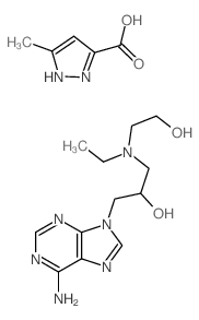 1-(6-aminopurin-9-yl)-3-(ethyl-(2-hydroxyethyl)amino)propan-2-ol; 5-methyl-1H-pyrazole-3-carboxylic acid structure