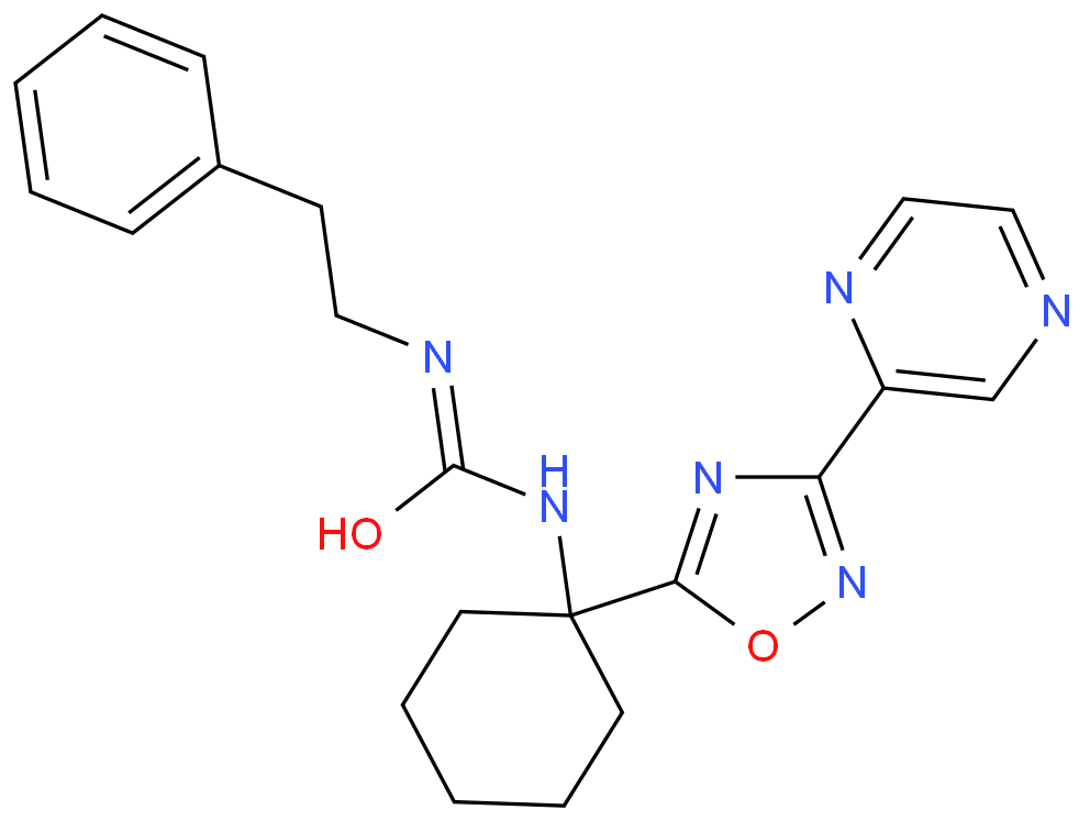 N-(2-phenylethyl)-N'-[1-(3-pyrazin-2-yl-1,2,4-oxadiazol-5-yl)cyclohexyl]urea结构式